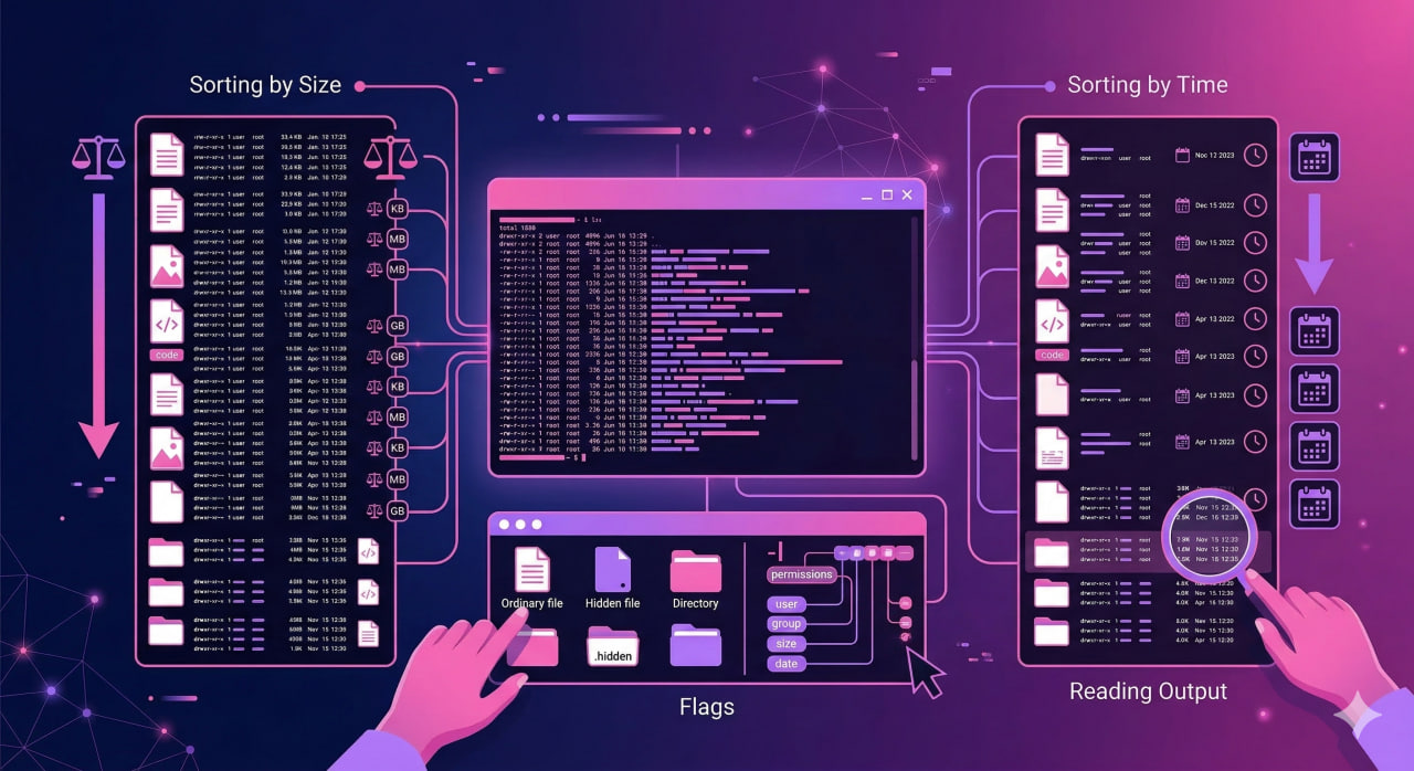 Команда ls в Linux: флаги, сортировка и чтение вывода