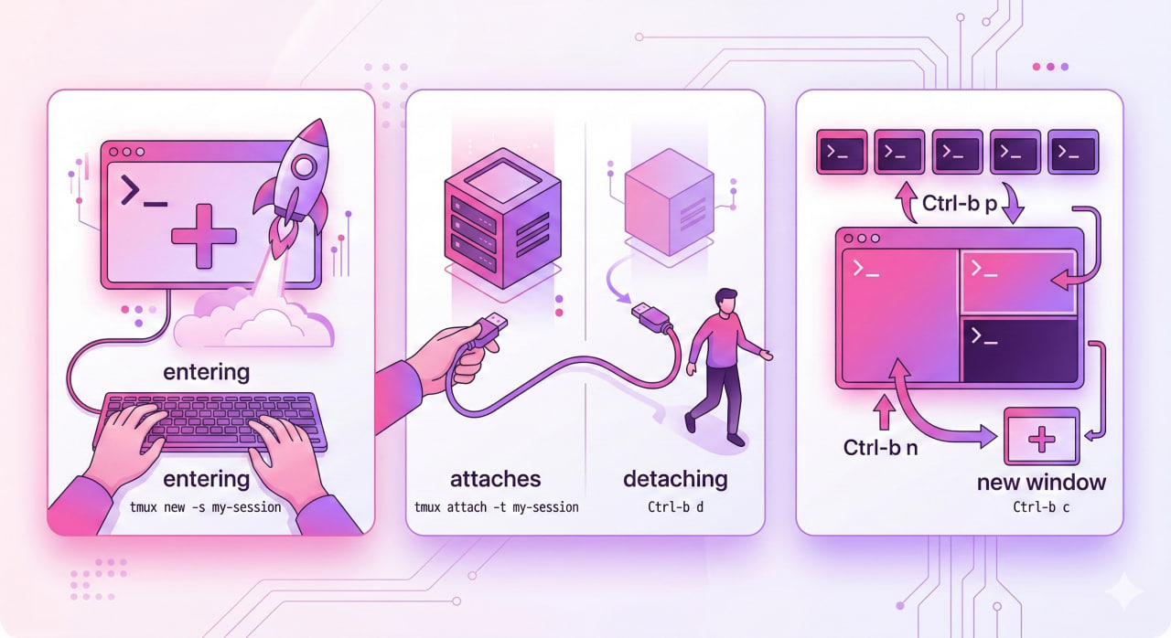 Сессии tmux: создание, подключение, отключение и управление окнами